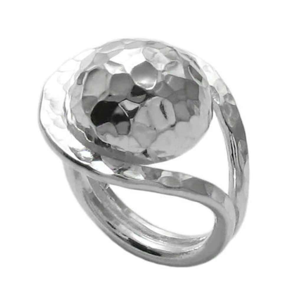 Large Hammered Ball Caught In Loop Ring In Sterli… - image 1
